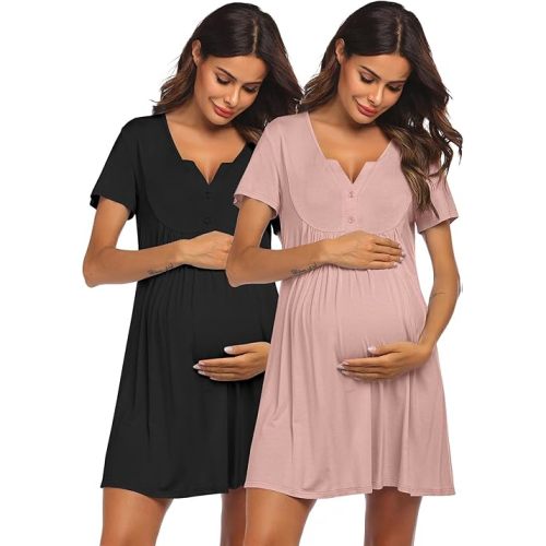 Ekouaer 2 Pack Labor/Delivery/Hospital Gown Nursing Dress Maternity Nightgown Short Sleeve Breastfeeding Sleepwear