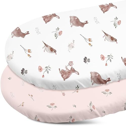 Gllquen Baby Bassinet Sheets 2 Pack, Breathable Cozy Fitted Mattress Sheet, Elastic Travel Crib Fashionable Floral Pattern, Standard Cradle Safe Sheets for Baby Boy Girls 32"X16"(Rabbit)