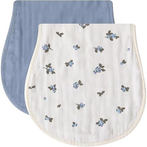 LifeTree Muslin Baby Burp Cloths - Ultra Soft 2 Pack Organic Cotton Large 22'' by 10'' Absorbent Milk Spit Up Rags - Burping Cloths for Newborn, Girls Boys (Blueberries and Mist Blue)