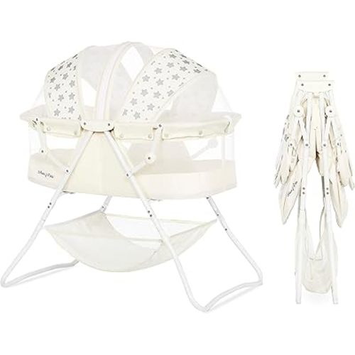 Dream On Me Karley Bassinet in French White, Lightweight Portable Baby Bassinet, Quick Fold and Easy to Carry , Adjustable Double Canopy, Indoor and Outdoor Bassinet with Large Storage Basket.
