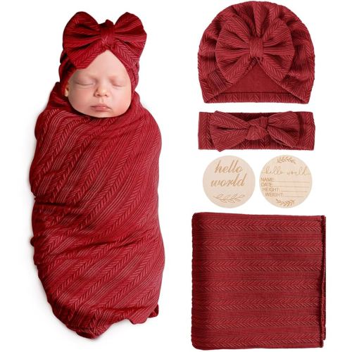 Newborn Receiving Blanket with Bow Hat Headband Wooden Card Set Wheat-Pattern Newborns Toddler Baby Boy Girl Nursery Swaddle Wrap