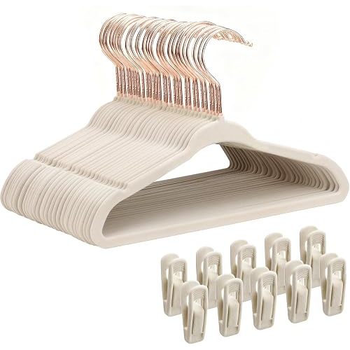 Kids Velvet Hangers 30 Pack, 14 in Baby Clothes Hangers with 10 Removable Clips & 360° Swivel Hook, Non-Slip Felt Teen Hanger with Space-Saving and Durable Design for Children Closet, Beige