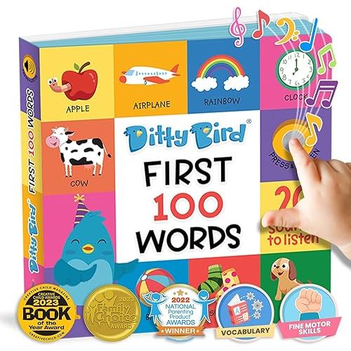 Ditty Bird Talking Books 100 Words | Fun Vocabulary & Speech Learning for Babies | Board Books for Toddlers 1-3 | Children's Interactive Toddler Books with Great Pictures | Sturdy Baby Sound Books