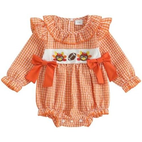 Infant Baby Girl Thanksgiving Outfit Turkey Football Embroidery Plaid Smocked Bubble Romper Ruffle Bodysuit