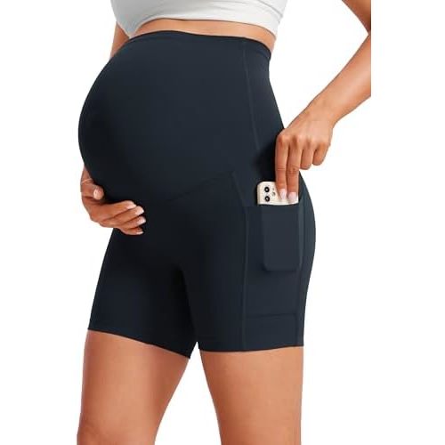 CRZ YOGA Womens Butterluxe Maternity Yoga Biker Shorts with Pockets 5" - Over The Belly Pregnancy Workout Athletic