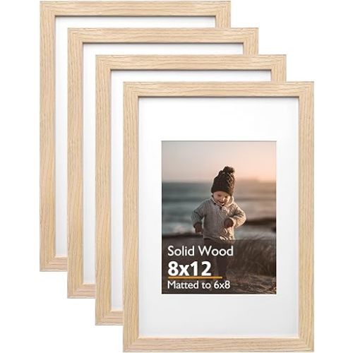 KINLINK 8x12 Picture Frame Natural, Solid Wood Frames with Acrylic Plexiglass for Pictures 6x8 with Mat or 8x12 without Mat, Tabletop and Wall Display Photo Frame, Set of 4