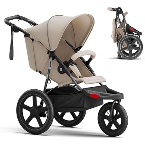 Jogging Stroller, All-Terrain Frame, 12"/16" Inflatable Tires with Angled Valve, Disc Hand Brake & Foot Brake, Adjustable Handlebar, Foldable Jogger Stroller for Babies & Toddlers, Khaki