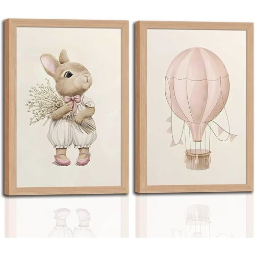 2Pcs wooden Framed Nursery Wall Art Canvas Prints, – Cute Bunny and Pink Hot Air Balloon Kids Room Décor, Neutral Baby Girl Bedroom Wall Picture, Ready-to-Hang Poster Printing for Nursery or Playroom12x16in