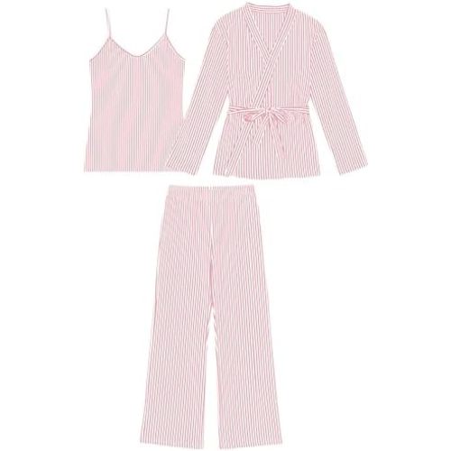 Tanming Womens Pjs Sets 3 Piece Lounge Sets Striped Wrap Top Camisole Wide Leg Pants Cute Soft Pajama Set