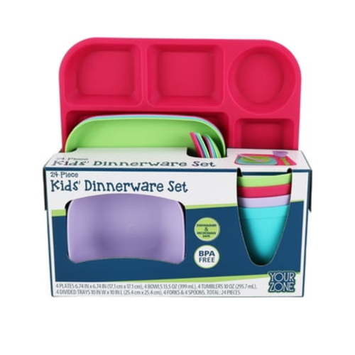 Your Zone 24-Piece Plastic Kids Dinnerware Set with 4 Trays, Bowls, Plates, Cups, Forks, Spoons in Pink, Purple, Aqua, Green