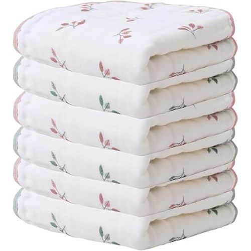 Muslin Burp Cloths, Pack of 6, 100% Cotton 6-Layer Extra Large 20''x10'' & Super Soft Absorbent Washcloths for Newborn Babies & Burping Clothes for Both Baby Boy & Girl