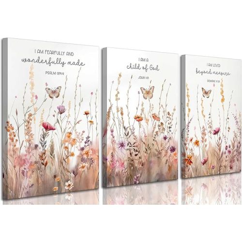 3Pcs Christian Nursery Canvas Wall Art Bible Verse Wildflowers Floral Painting Pictures Wall Decor Poster Print Artwork for Living Room Bedroom Girls Room Home Decorations