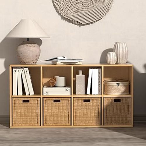 Wooden Cube Storage Organizer with Closed Back Panel,8 Cube Shelf Heavy Duty Cubby Storage Organizer with Compartments for Living,Display Shelf,Bookshelf,Storage Furniture (Oak, 8-Cube)