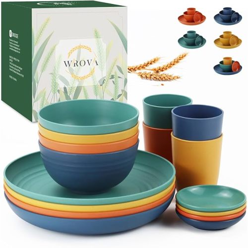 Wrova Wheat straw plates and bowls sets of 16 - Unbreakable wheat straw dinnerware sets for kids - Alternative plastic dinnerware set service for 4 - Microwave safe and Dishwasher safe bowls. Colorful