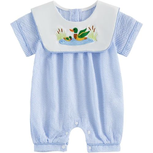 Baby Boy Girl Summer Clothes Short Sleeve Sailor Collar Jumpsuit Duck Embroidery Stripe Romper Infant One Piece Outfit