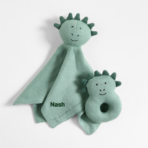 Personalized Dino Knit Lovey and Rattle Gift Set