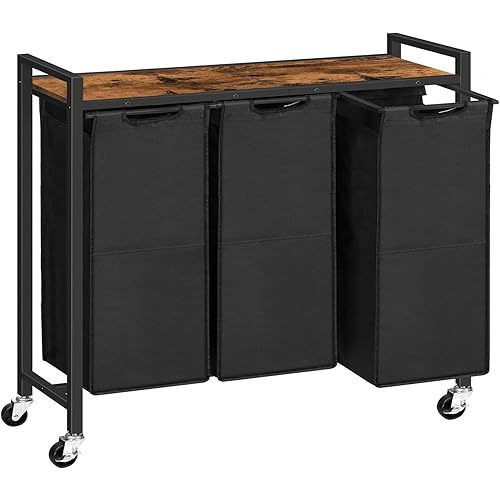 HOOBRO Laundry Sorter 3 Section, Laundry Hamper with Wheels, 3 × 11.5 Gal (43.5 L), Rolling Laundry Basket, Pull-Out and Removable Oxford Fabric Laundry Bags, Rustic Brown and Black BF76XY01