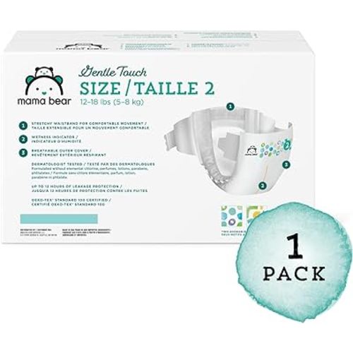 Amazon Brand - Mama Bear Gentle Touch Diapers, Hypoallergenic, Size 2, 184 Count (4 packs of 46), White