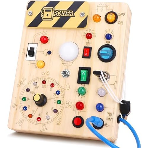 Hoarosall Montessori Toys Clock Wooden Busy Board with 11 LED Light switches, Tooddler Sensory Travel Toys for 1+ Year Old Baby and Toddler