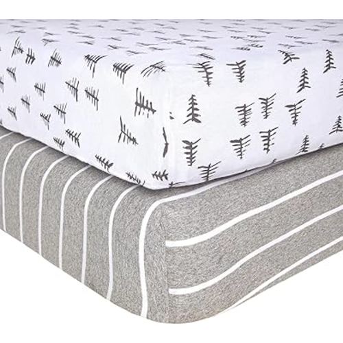 Burt's Bees Baby Fitted Crib Sheet Organic Cotton BEESNUG - Pine Forest and Stripe Prints, Fits Unisex Standard Bed and Toddler Mattress, Infant Essentials, 52 x 28 Inch 2-Packs