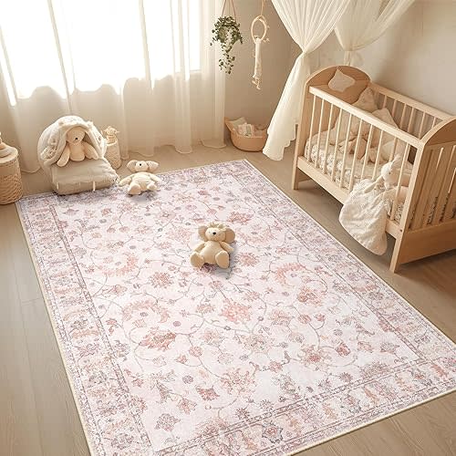 5x7 Area Rug Print Washable for Living Room Low Pile Non Slip Soft Thin Carpet Boho Vintage Floral Rug Stain Resistant for Bedroom Dining Room Kitchen Playroom Lightpink