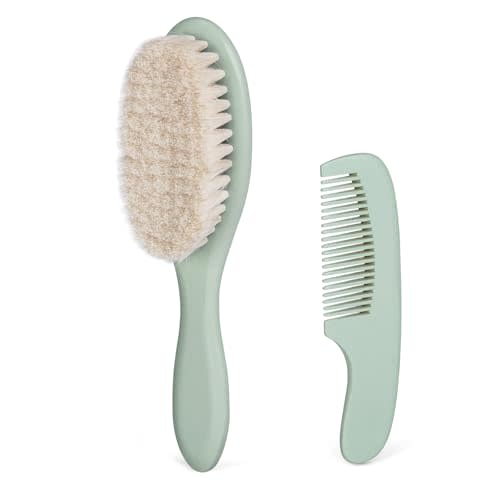 BumbleBee Newborn Baby Hair Brush & Comb Set - Wooden Brush with Soft Wool Bristles, Cradle Cap Brush for Boys, Girls & Toddlers, Sage
