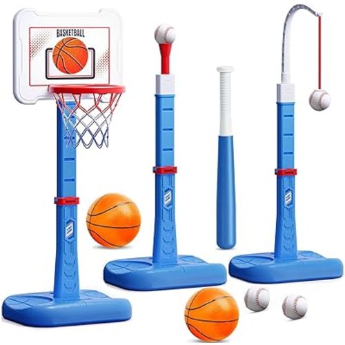3 in 1 Kids Basketball Hoop and T Ball Set, Adjustable Height Toddler Basketball Hoop, Hanging Tee Baseball, Indoor Outdoor Sports Toys Gifts for Toddlers Boys Girls Ages 3 4 5 Year(Blue