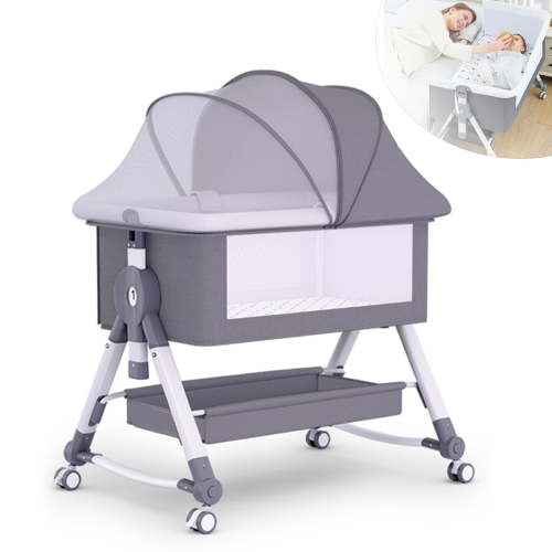 SLLINGLUO Baby Bassinet with Wheels, 5-Level Height Adjustable Folding Bedside Crib, Light Gray