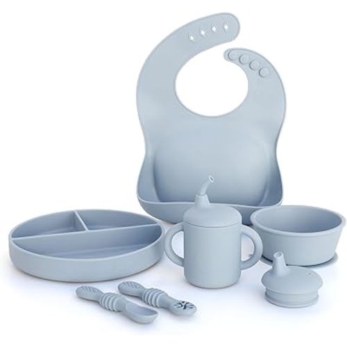 Feeding Essentials: Baby Led Weaning Supplies with Baby Plates, Silicone Bibs, Baby Spoons, Sippy Cups, Toddler Plates and Bowls Set - Baby Essentials - Baby Shower Gifts (Lake)