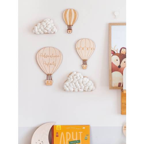 Hot Air Balloon & Woven Cloud Nursery Decor Set: Adventure Awaits Sign