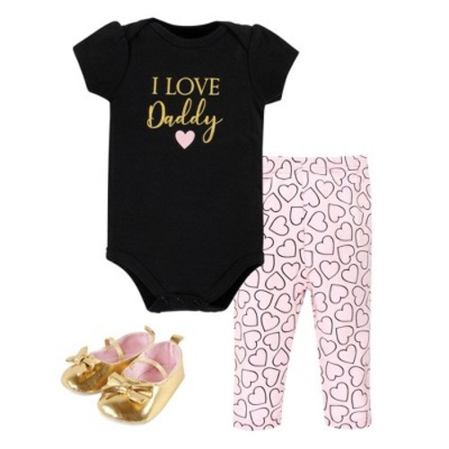 Hudson Baby Infant Girl Cotton Bodysuit, Pant and Shoe Set, Girl Daddy, 6-9 Months
