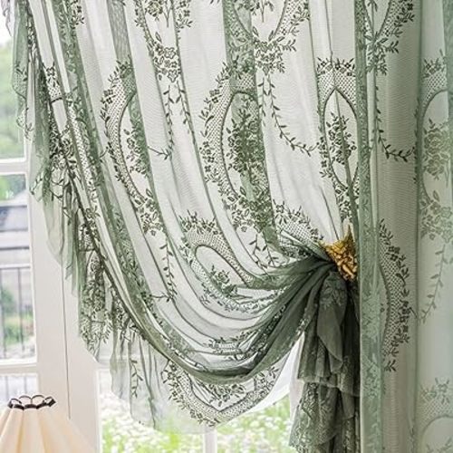 ZZC Lace Sheer Curtains with Scallop Ruffle for Living Room Elegant 70 Inch Long Rustic Vintage Floral Embroidered Voile Panels Rod Pocket Window Treatment Set 2 Panels, Green, W39 x L70 Inch