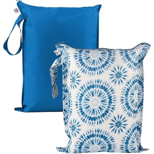 Tiny Twinkle Mess-Proof Waterproof Wet Dry Bag | 2-Pack Reusable Wet Bags for Swimsuits & Baby Clothes | Leakproof Wet Bag for Travel & Diaper Changes for Baby (Blue Tie Dye)