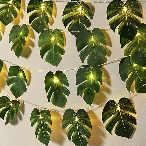 RECUTMS Monstera Leaf String Lights 2 Pack, 20LED Tropical Artificial Rattan Palm Green Leaves Wall Hanging Vine Greenery,Outdoor Indoor Hawaiian Luau Jungle Safari Beach Theme Party Summer Decoration