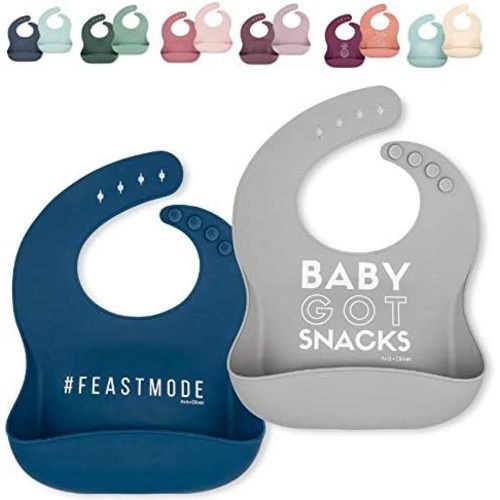 Waterproof Silicone Bib Set with Adjustable Neck Closure - Durable Silicone Bibs for Babies - Set of 2