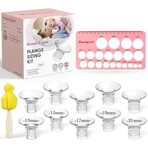 Flange Sizing Kit 3 in 1 Ultimate with 10PCS Flange Inserts 13/15/17/19/21mm & Nipple Ruler & Cleaning Brush, Silicone Flange Insert Kit for 24mm Most Pumps, Breast Pump Replacement Accessories