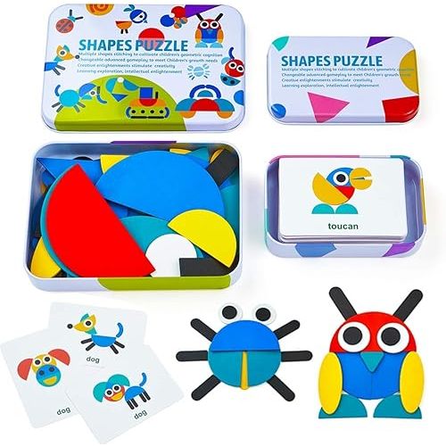 Wooden Pattern Blocks Animals Jigsaw Puzzle Sorting and Stacking Games Montessori Educational Toys for Toddlers Kids Boys Girls Age 3+ Years Old (36 Shape Pieces& 60 Design Cards in Iron Box)