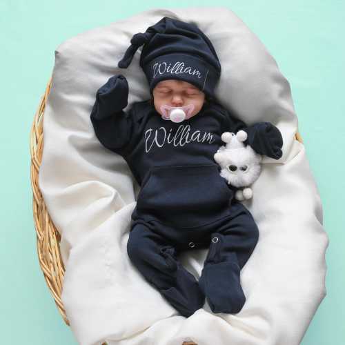 Baby Boy Coming Home Outfit Personalized, Baby Boy Jumpsuit Romper with Fold Over Mitts and Feet, Baby Shower Gift, Newborn Hospital Outfit