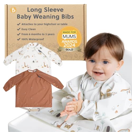 BIBaDO - Long Sleeve Baby Bibs - Babies & Toddlers 6-36 Months - Coverall Baby Led Weaning Bib - Easy Wipe, Soft & Waterproof