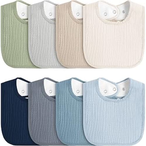 8-Pack Baby Muslin Bibs, Soft Cotton Drool Bibs for Boys Girls, Adjustable and Absorbent Newborn Bib Set for Feeding and Drooling