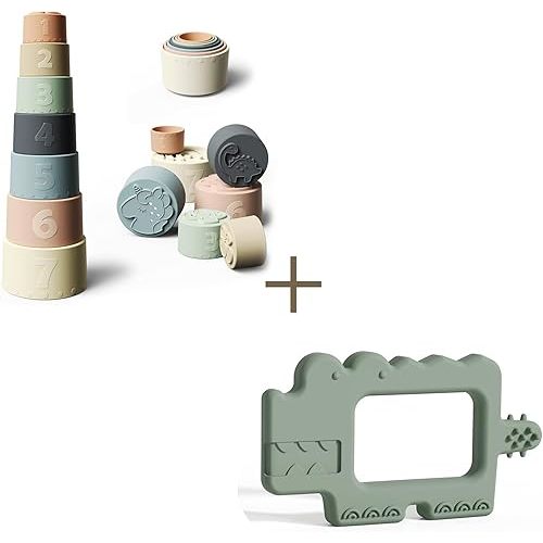 Moonkie Silicone Stacking Cups + Crocodile Teether Set | Soothing & Sensory Fun for Babies 0–12 Months | BPA-Free, Easy-to-Hold, Soft Teething Toys for Learning & Relief