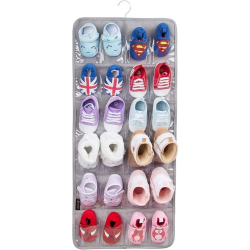PACMAXI Over The Door Shoes Organizer for 12 Pairs of Baby Shoes Boys Girl, Hanging Baby Shoe Organizer with Hanger(Polyester Material-Grey)