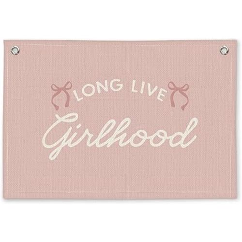 Coquette Pink Bow Long Live Girlhood Preppy Room Decor - Linen Banner Wall Hanging Canvas Banner Flag Decor for Girls Nursery Toddler Playroom Bedroom Dorm Apartment