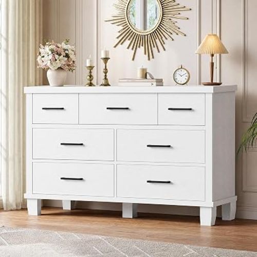 IDEALHOUSE Dresser for Bedroom with 7 Drawers, White Storage Chest of Drawers with Metal Handle, Wooden Dresser Organizer for Living Room,Closet,Entryway,Nursery