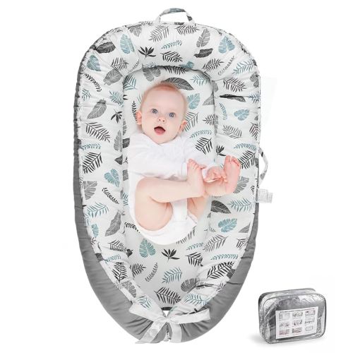 Baby Lounger- Baby Lounger for Newborn 0-24 Months, Portable Infant Lounger, Co Sleeping Soft Baby Nest Lounger, 100% Cotton Breathable, Baby Floor Seat for Home & Travel - Grey Leaves