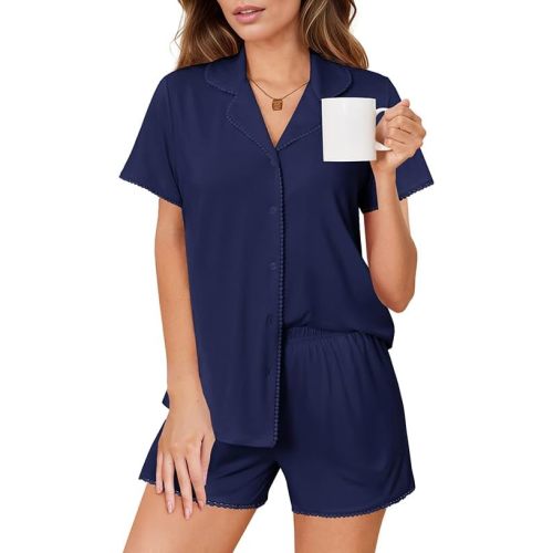 Ekouaer Pajamas Set for Women Classic Short Sleeve PJ Sets Button Down Lounge Sets Comfy Sleepwear