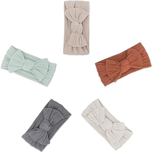 Parker Baby Girl Headbands - 5 Pack of Cable Knit Nylon Bows for Girls -"Pebble Set"