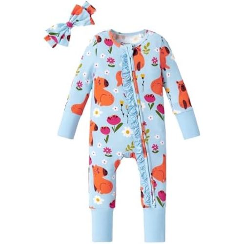 PATPAT Baby Footie Girls - Supersoft Bamboo Viscose - Unisex Infant Clothes - 2 Way Zipper & Mitten & Ruffle Trim & Headband