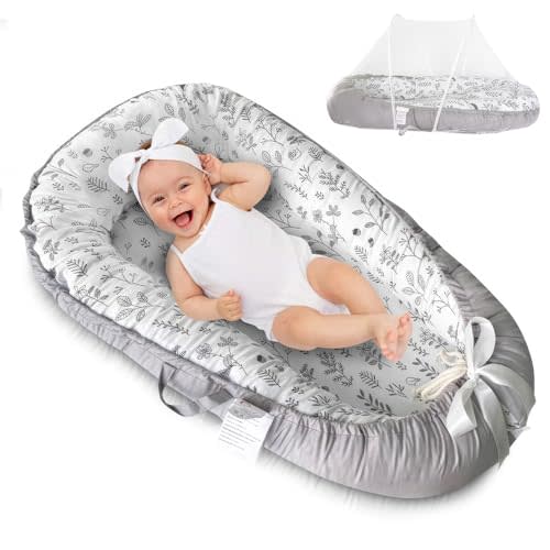 PIERRI Baby Lounger for Newborn with Detachable Mosquito Net - Ultra-Soft Cotton Snuggle Nest Lounger, Reversible Infant Lounger, Double-Sided Baby Nest, Infant Lounger, Baby Lounger for Newborn
