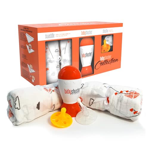 Baby Shusher Gift Set - Includes Portable White Noise Sound Machine, 2 Shushie Pacifiers, and 2 Cotton Swaddles, Travel Friendly Baby Soother for Developing Sleep Routines